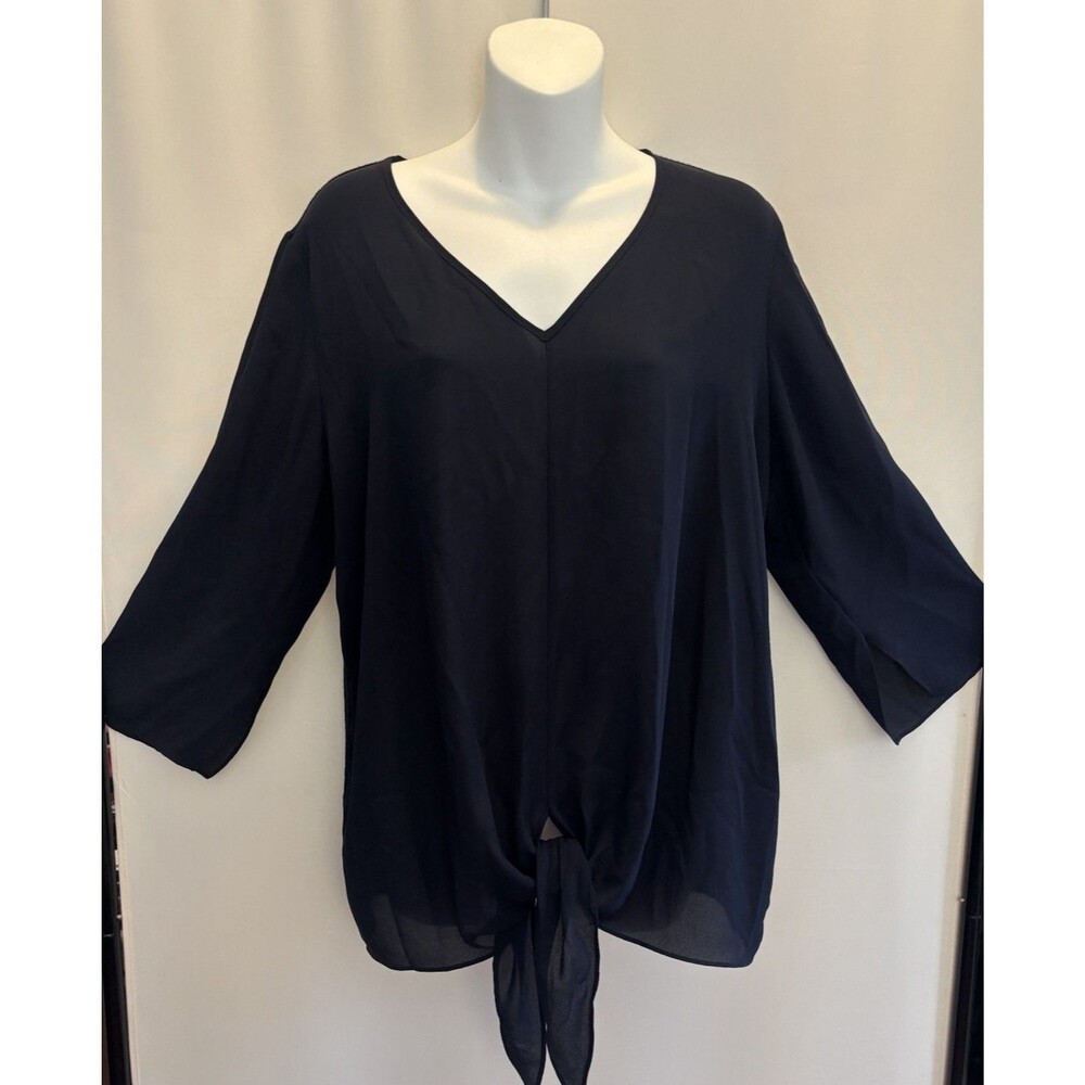 Lola & Sophie Blouse Womens V Neck tie front Polly Chiffon Navy Blue SZ L